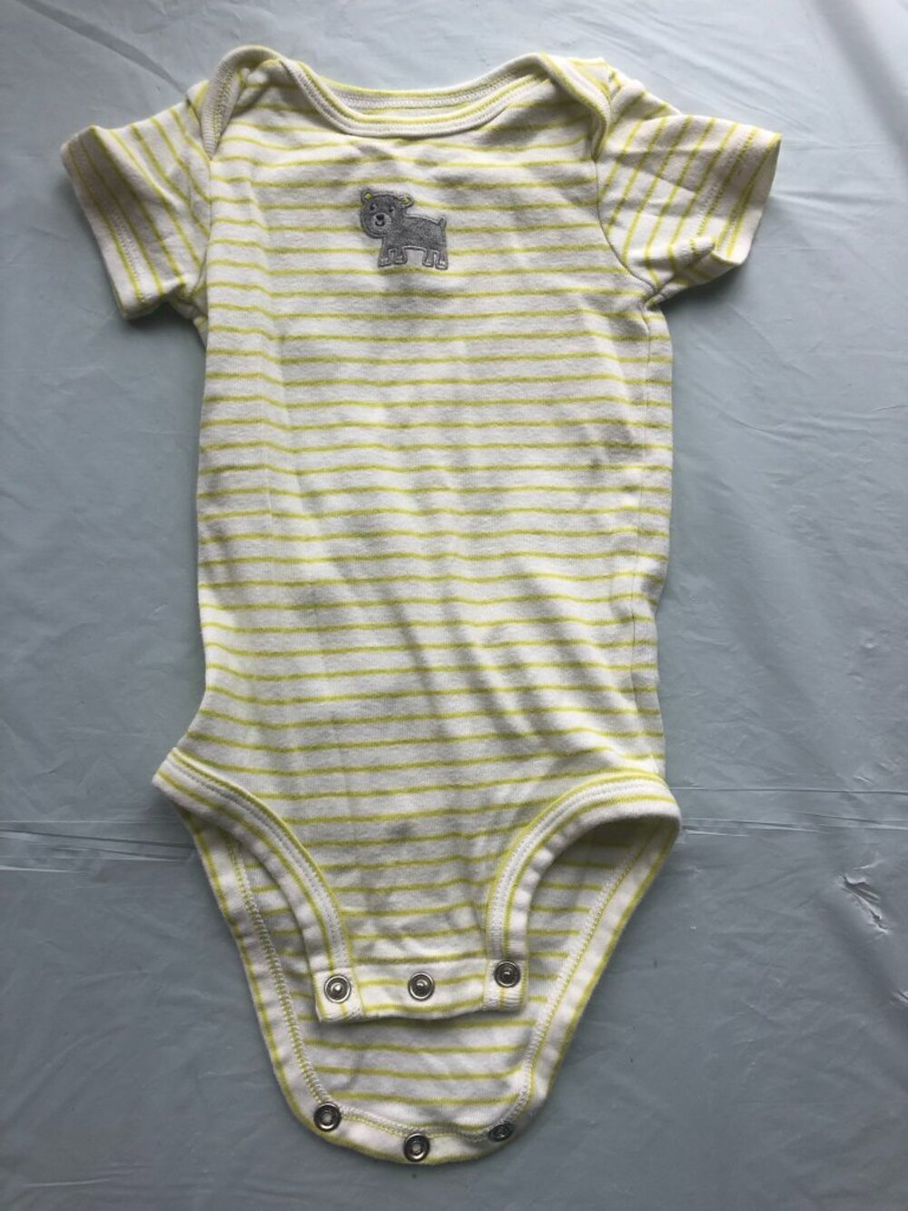 6-Months Carters Onesie w/yellow & white horizontal stripes & animal on front